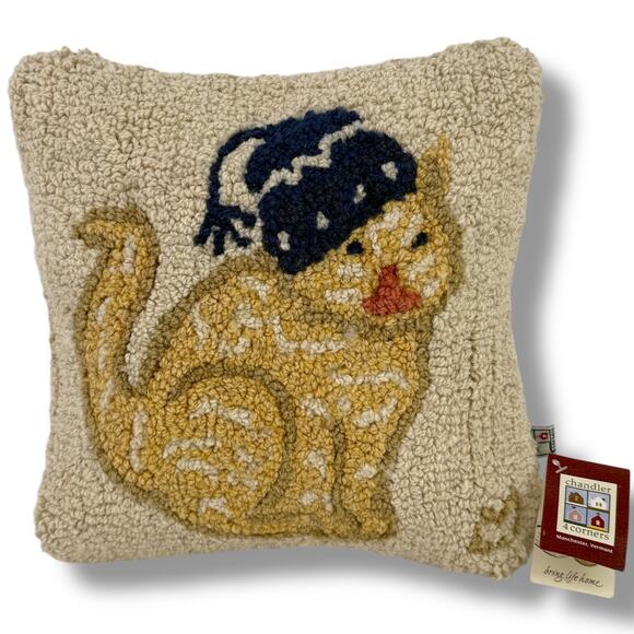 Chandler 4 Corners Hooked Wool Winter Beanie Cat Lover Throw Pillow 12" Square - Picture 1 of 5